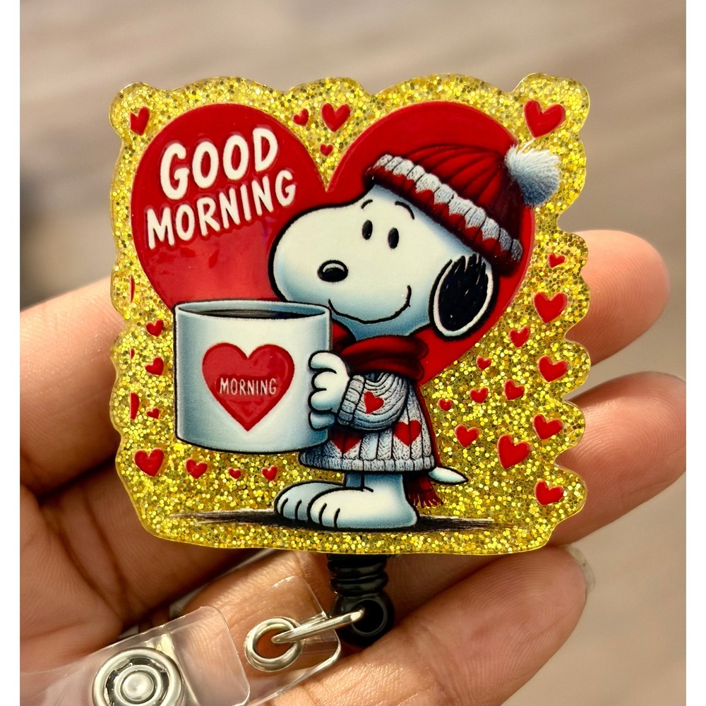 Peanuts Snoopy Good Morning Coffee Retractable Badge Reel ID Holder Glitter